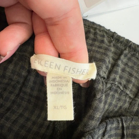 Eileen Fisher Pants Women X Large Green Black Puckered Organic Linen Tapered - Picture 6 of 12